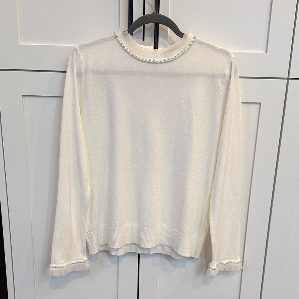 Sioni Cream Blouse with Delicate Pearl & Tulle Trim